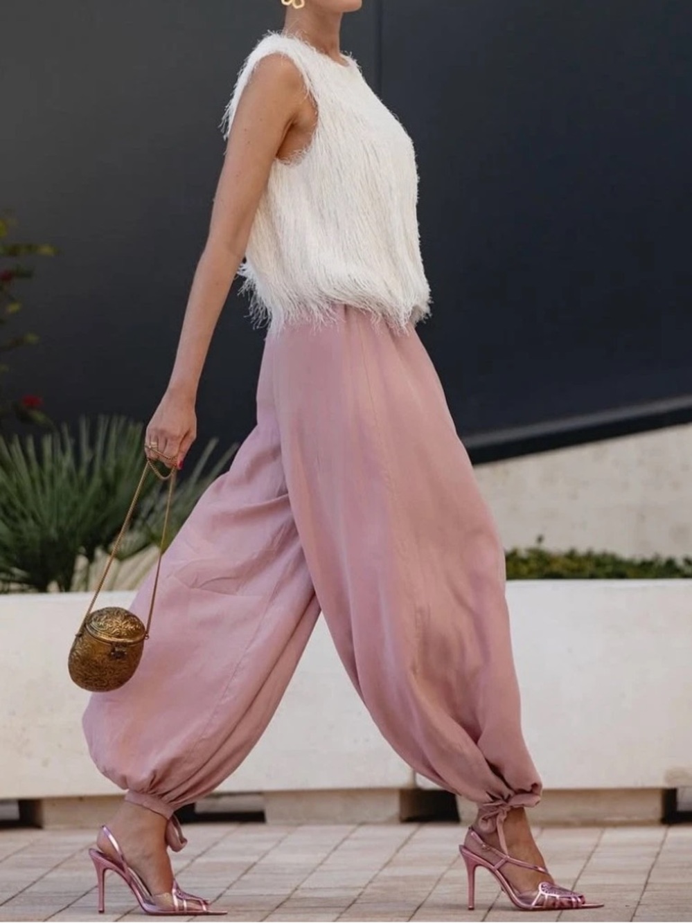 ZARA NWT Pink Flowy Balloon Harem Pants XL Tie Ankle Boho Resort Wide Leg